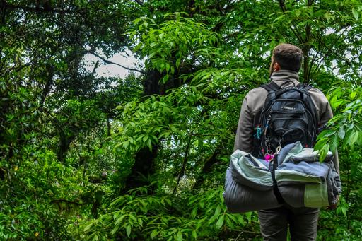 man with packed backpack in jungle